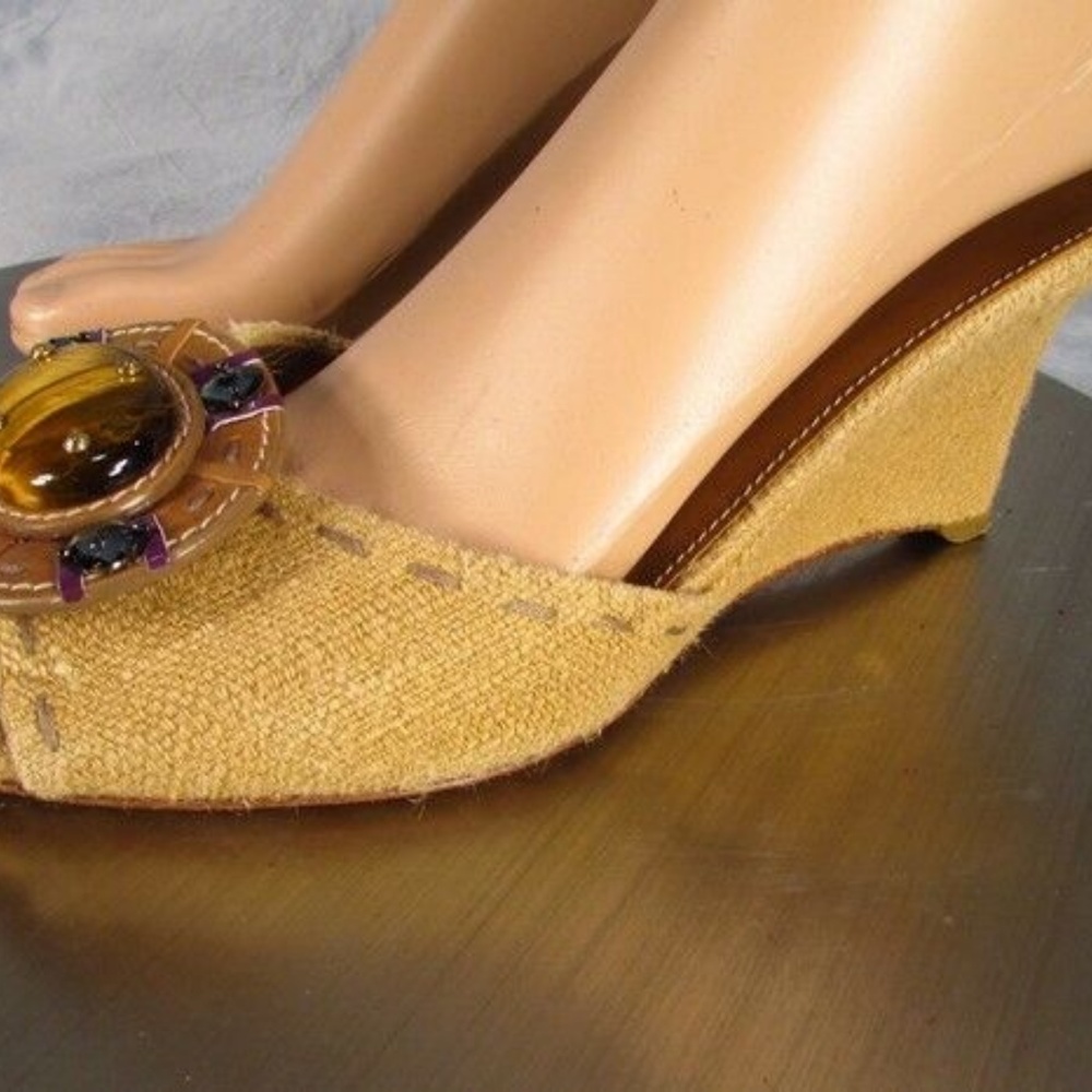 Prada Beige Fabric Wedge Open Toe Slide 39.5